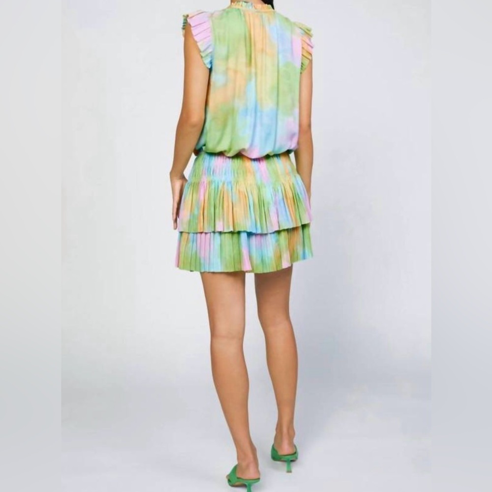 Current Air Los Angeles Cara Pleated Mini Dress Rainbow ๐ Tiered Drop Waist L - Picture 2 of 15